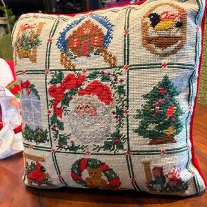 Vintage needlepoint Festive Holiday Pillow Santa NOEL Christmas velvet  15x15